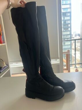 Franco Sarto Black Over-the-Knee Platform Boots with Red Pull Tab Accent